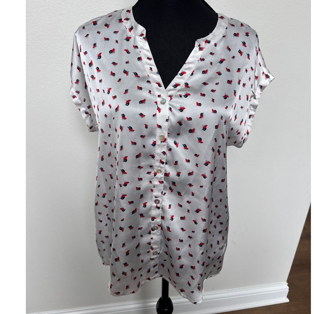 Daniel Rainn Robin Bird Print Cap Sleeve Spring Button Tunic Shirt White Women S